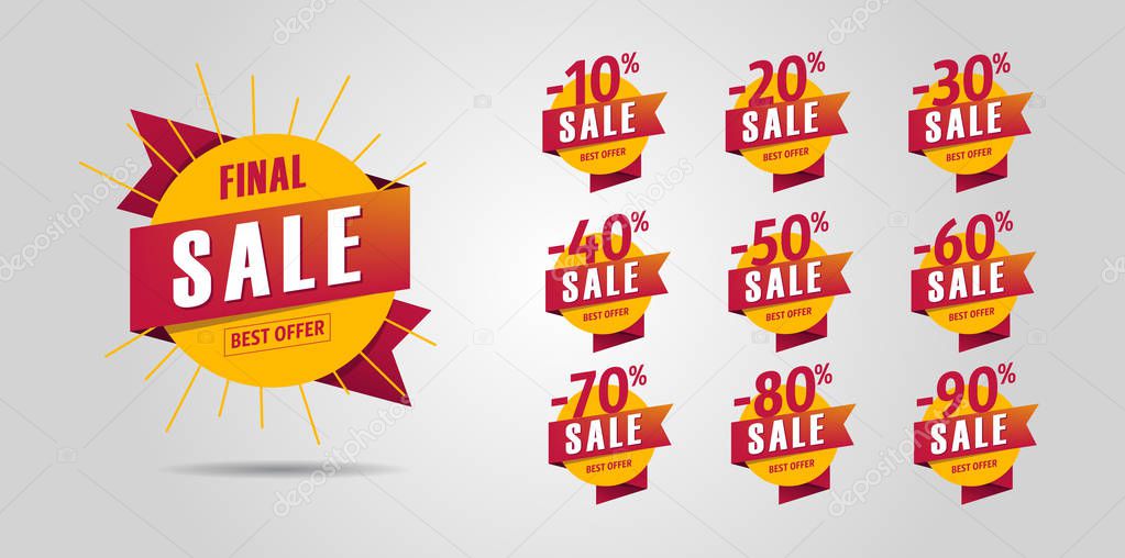 Final sale set of design elements label in shape of sun with per cent numbers of sale up to ninety, bright and warm, yellow with red on grey background