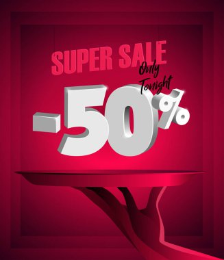 Reklam afişi Satılık teklif büyük tipografi ile yaklaşık %50 indirim el plaka, bir kırmızı sesi ve beyaz numaraları tarafından sunulan