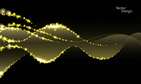 黄金の波は 光沢のある輝きと黒の背景の背景を抽象化します — ストックベクタ