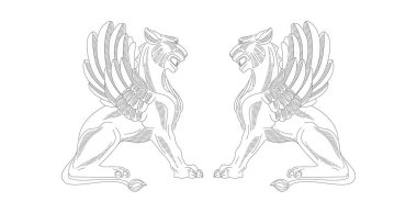 Griffin doğrusal illüstrasyon, iki yaratık yüz yüze, siyah çizgi grafiği