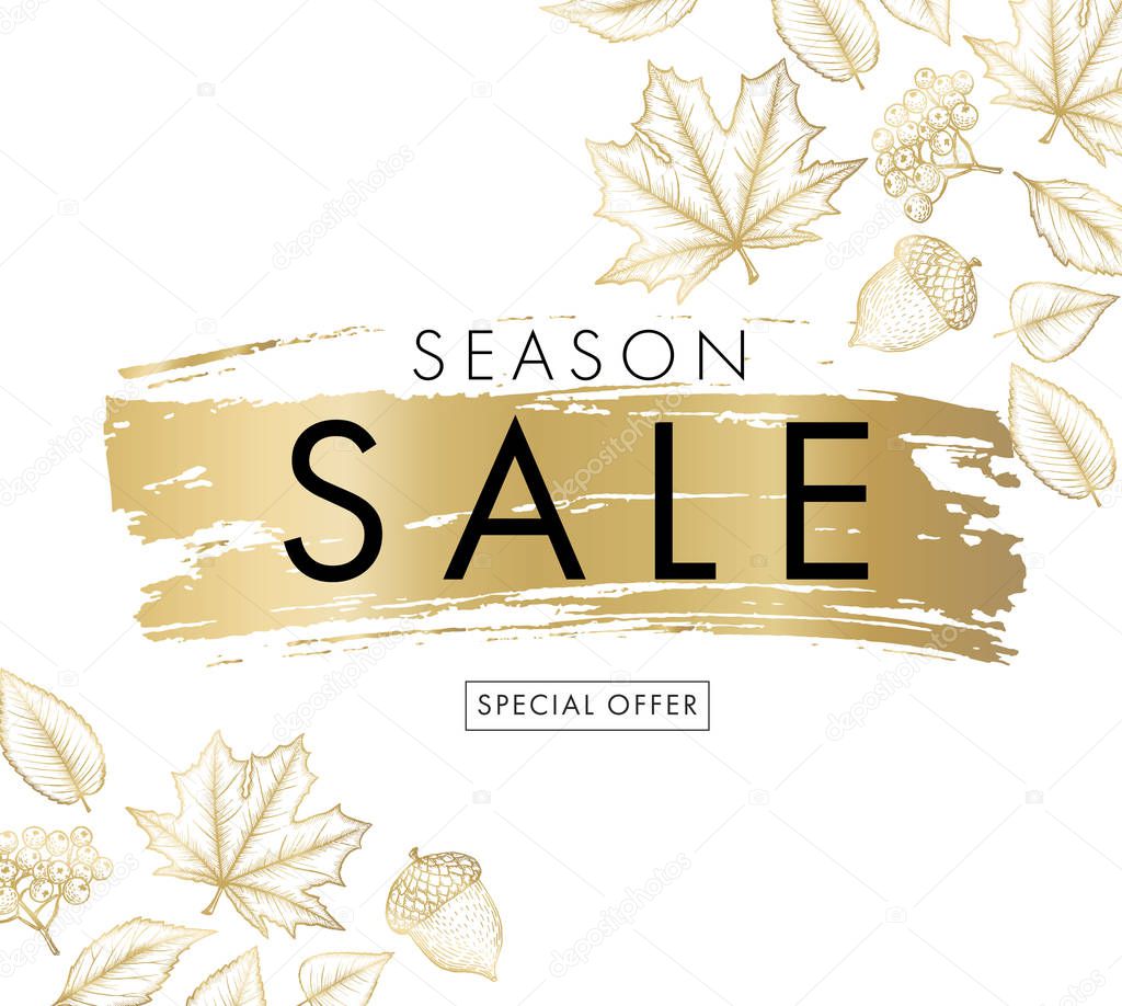 Season SALE advertising banner with leaves, sketch in golden