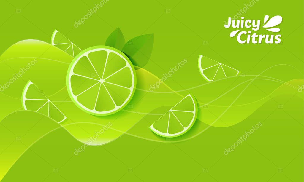 Slices of lime flowing in the juice,advertising poster background