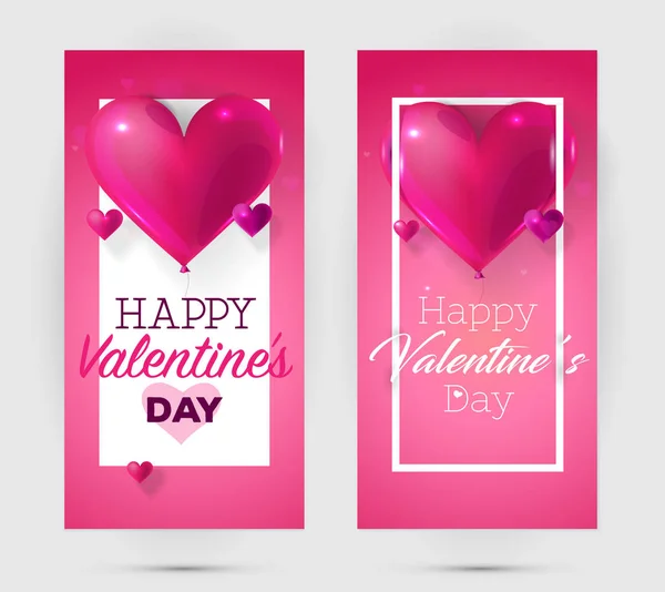 Folhetos Feliz Dia Dos Namorados Com Balões Rosa Forma Coração — Vetor de Stock