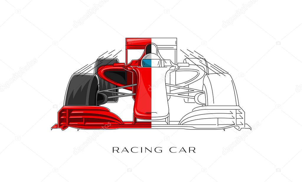 Racing car stylized illustration, half colored linear graphic, split