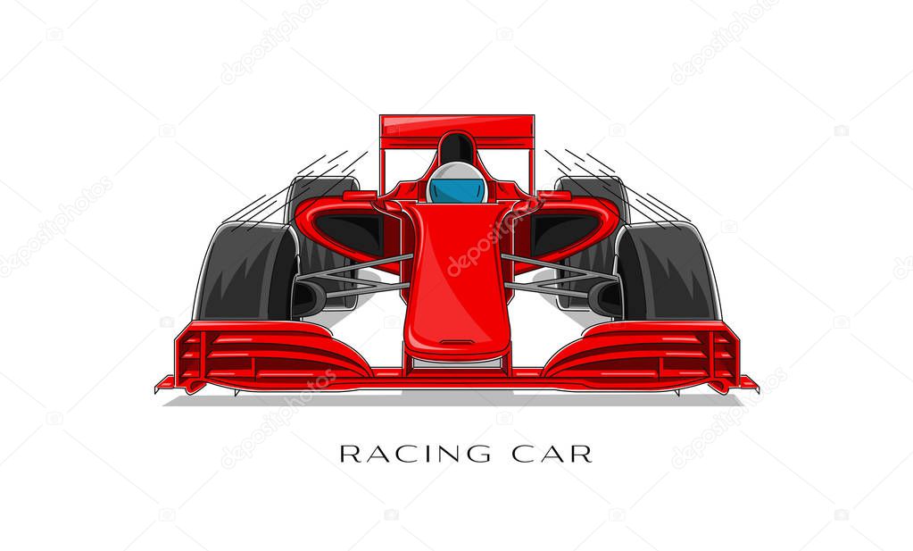 Racing sport car with driver linear illustration, front view, speed race