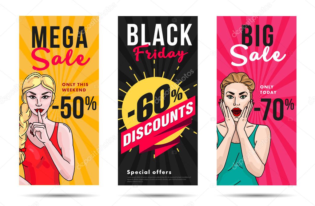 Sale flyers set with pop art gilrls, bright leaflets with discounts