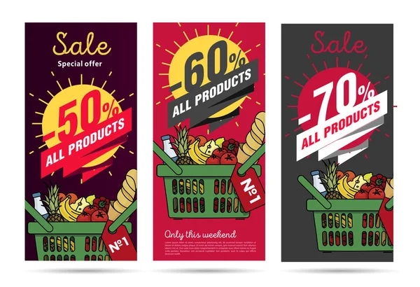 Products Leaflets Set Eith Food Basket Sale Promotion Cent Discounts — Stock Vector
