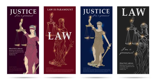 Закон Правосуддя Набір Флаєрів Леді Правосуддя Лінійна Ілюстрація Преміум Сегмент — стоковий вектор