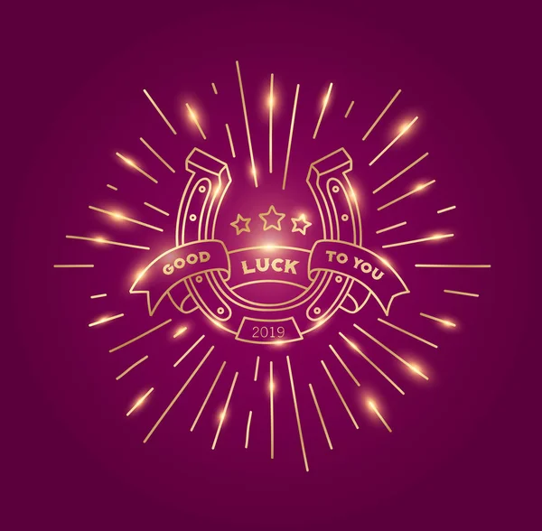 Good Luck Golden Sign Horseshoe Glowing Pink Background — Stock Vector