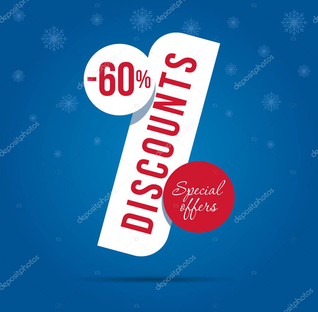 discounts for winter advertising logo in shape of per cent on blue background with snowflake