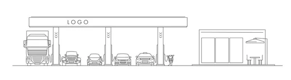 Gambar Linier Pom Bensin Dengan Mobil Dan Toko Dan Kafe - Stok Vektor