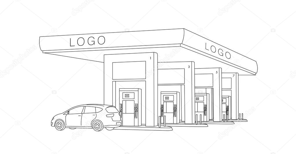 Gas station fuel dispensers row illustration with car, linear sketch graphic