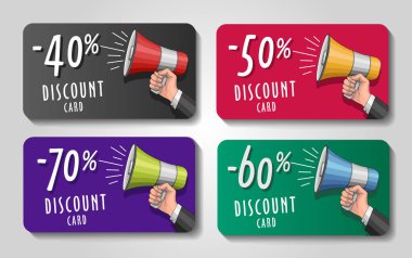 adam elinde hoparlör ve pecents kapalı indirim kartları