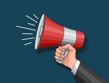 Bir erkek elinde hoparlör. Uyarı, duyuru, uyarı, reklam konsepti.