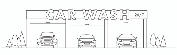 Vymytí aut lineární ilustrace s automobily a s tabulkou — Stockový vektor