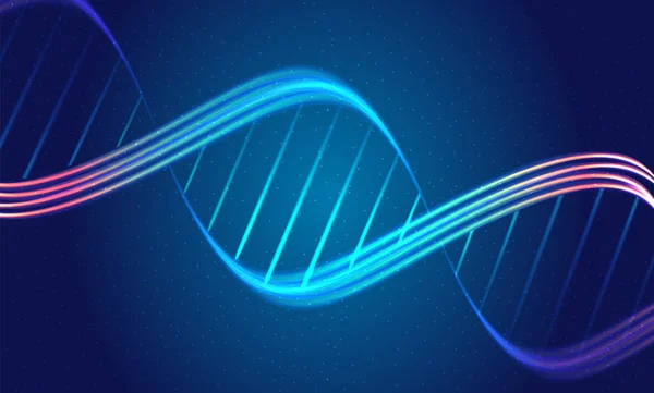 Backgroun abstrak dengan garis spiral DNA bersinar di latar belakang biru tua - Stok Vektor