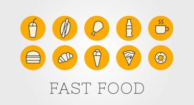 Koyu arka planda hızlı yemek restoranı için anahat çizim veya simgeler ayarlayın. Hamburger, tavuk, sosisli sandviç, patates kızartması, dondurma, içecekler, pizza.