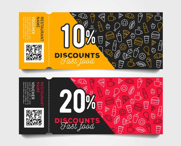 Discount tear-off coupons with barcode fast food template design with linear pattern of food and drinks — Stock Vector