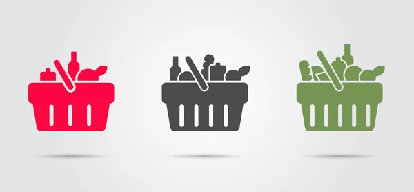 Süper marketten gıda sepeti, farklı mallarla dolu üç piktogram seti