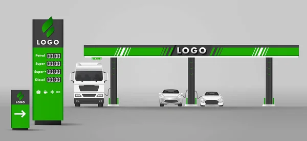 Ilustrasi desain datar modern vektor rinci dari pompa bensin atau pom bensin. dengan tanda jalan dan harga stella dan mobil di atasnya pengisian bahan bakar - Stok Vektor
