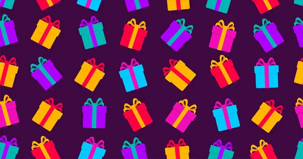 Nahtloses Muster mit Geschenken bunte Geschenkschachteln, Grafik für Geburtstagsbezüge Päckchen, Stoff — Stockvektor