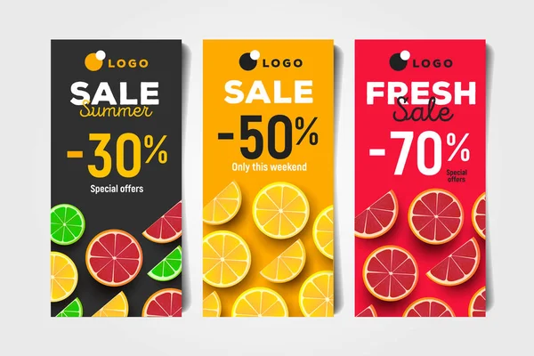 Zomer Sale korting reclame flayers met gesneden Citrus stukken en percentage van de verkoop — Stockvector