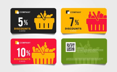 Kart seti, yemek ürünleri dolu alışveriş sepeti pictogram ile bakkal için kuponlar, basit mordern grafik