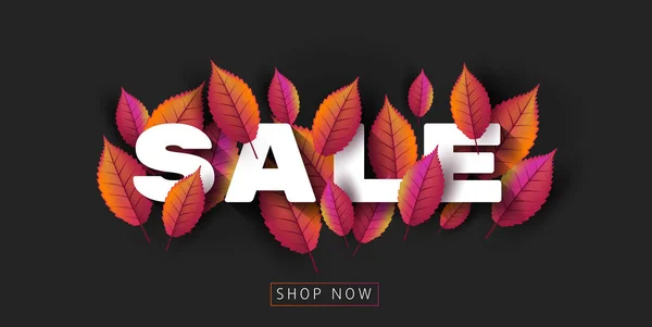 Cartaz de venda com letras de texto grande entre folhas coloridas — Vetor de Stock