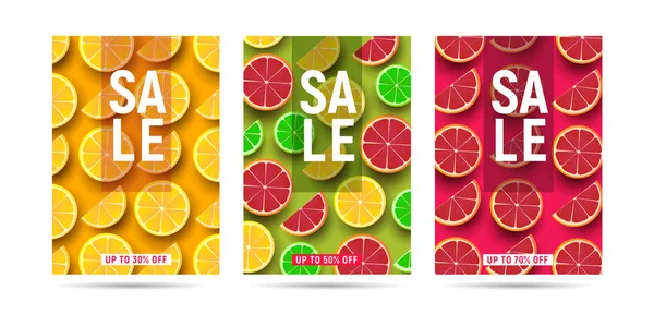 Venda de verão cartazes de desconto com pedaços de citrinos fatiados paternos e grande tipografia — Vetor de Stock