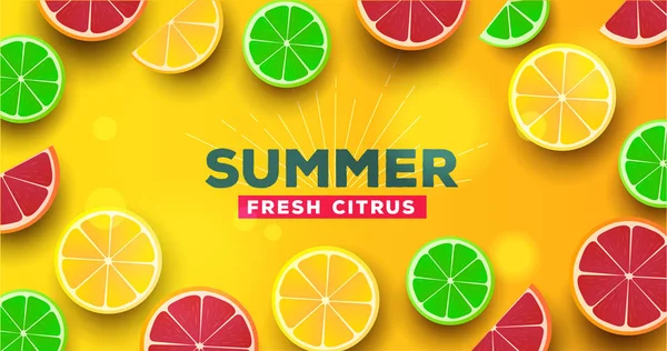 Letní pozadí s citrusové řezy na oranžovém pozadí, moderní realistická grafika — Stockový vektor