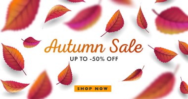 Sonbahar satış dijital afiş, kırmızı ve turuncu yaprakları sonbahar, beyaz zemin üzerinde 3d alan grafik ile afiş satış reklam