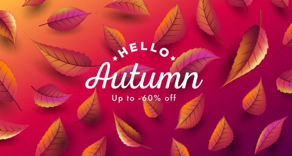 Podzimní prodej digitální plakát v červených tónech, reklama na prodej proužkové reklamy s červenými a oranžovými listy, klesající 3D grafika — Stockový vektor