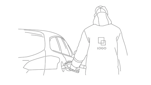 El repostador hombre alimenta el coche en la gasolinera, vista desde atrás, ilustración de línea lineal — Vector de stock