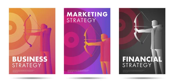 Pebisnis menembak ke target, grafis gradien modern, set brosur atau penutup untuk strategi pemasaran, bisnis dan keuangan - Stok Vektor