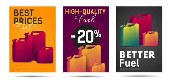 Cartazes ou folhetos publicitários de venda de combustível de alta qualidade com latas de óleo —  Vetores de Stock