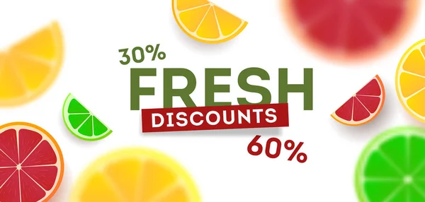 Zomer verkoop banner met sneetjes fruit op witte achtergrond met focus wazig, vector illustratie — Stockvector