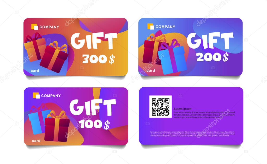 set of 4 colorful gift cards with gift box illustrations and fluid geometric shapes, childish modern graphic