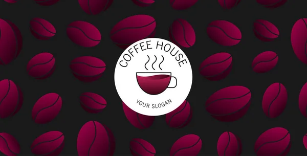 Achtergrond met koffiebonen patroon en logo met gestileerde koffiebeker, gradiënt moderne onconventionele grafische — Stockvector