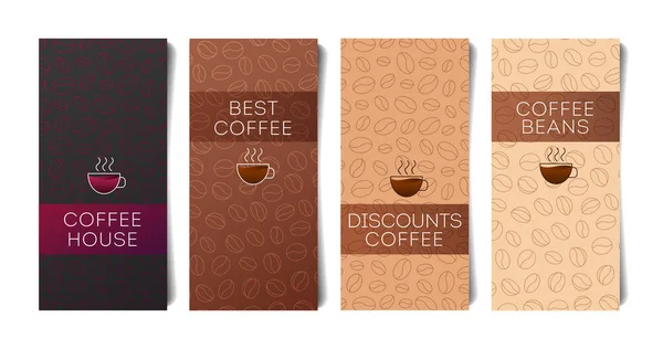 Set flyers voor koffieshop of café met koffiebonen patroon op de achtergrond en koffiemok, omslagsjabloon — Stockvector