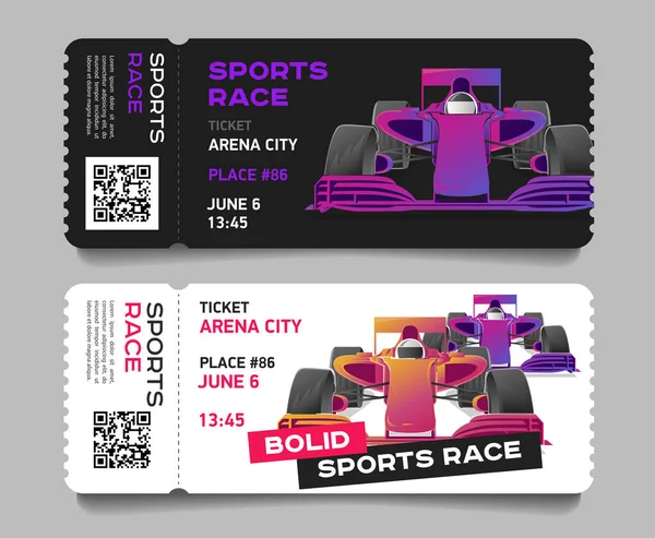 Sport samochód wyścigowy konkurencji wprowadzenie biletów z bolid ilustracji samochodu i kod kreskowy, szablon układu — Wektor stockowy