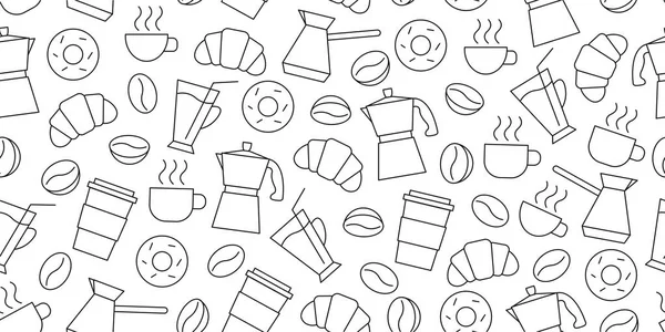 Shopping seamless pattern of line icons of coffee beans, cups, donuts, croissants, Cezve, coffee to go, package or fabric cover — Stock Vector