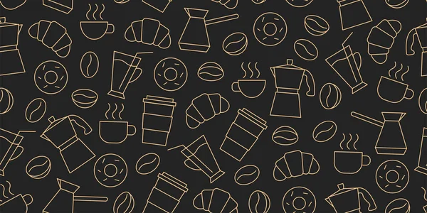 Modello senza cuciture di icone della linea di chicchi di caffè, tazze, ciambelle, croissant, Cezve, caffè da andare, confezione o rivestimento in tessuto — Vettoriale Stock