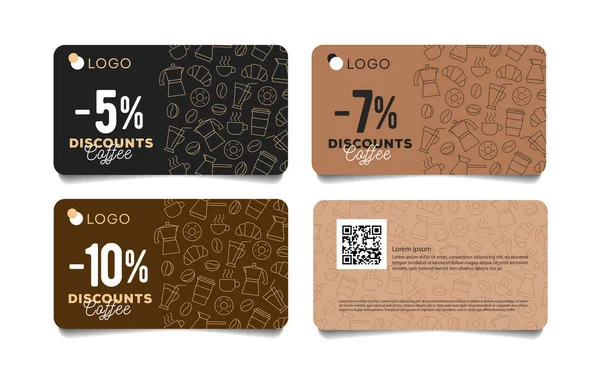Slevová karta nebo voucher s řádkovým vzorem kávových zrn, šálků a snídaňové stravy — Stockový vektor