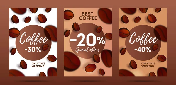 Set flyers voor koffieshop of café met 3d koffiebonen 3d, met focus wazig van de voorgrond, omslagsjabloon — Stockvector