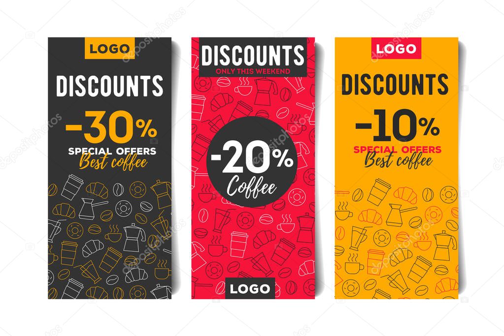 Advertising flyer, leaflet template set in bright colours with line pattern of coffee beans, cups and breakfast food, front and back