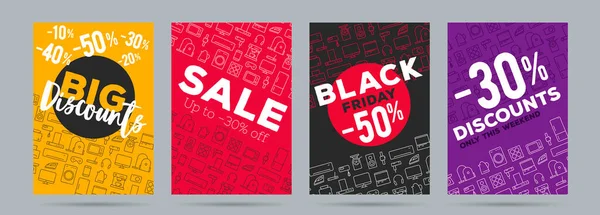 Set of promo posters for electronics shop, black friday sale with discounts on home, kitchen and smart electronics and gadjets with discount — Stock Vector