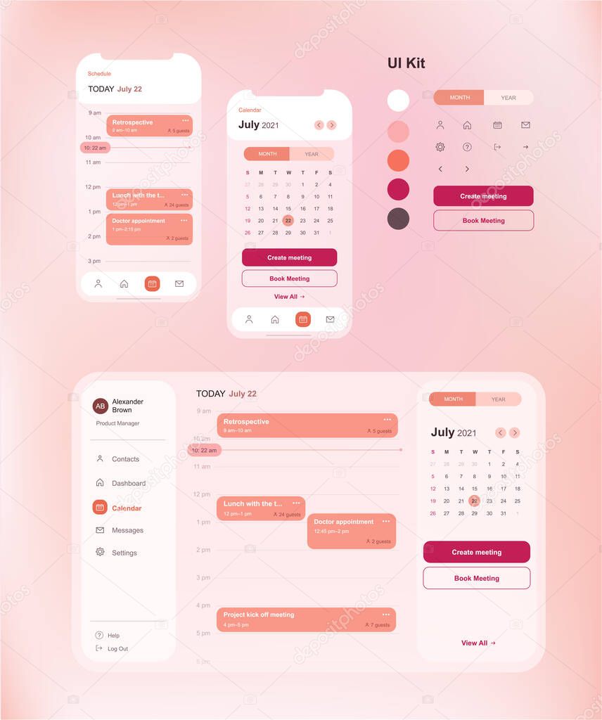 User interface kit with key screens of calendar application with web and mobile mockups and icons and interface elements, light pink color palette, style guide