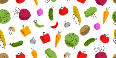 Farklı sonbahar sebzelerinin, beyaz arka planda izole edilmiş çizgi ve renkli grafiklerin kusursuz çizimleri.