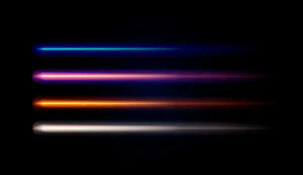 Σύνολο από φωτεινές neon οριζόντιες γραμμές, φουτουριστικό γυαλιστερό στοιχεία σχεδιασμού σε σκούρο φόντο σε διαφορετικά χρώματα — Διανυσματικό Αρχείο
