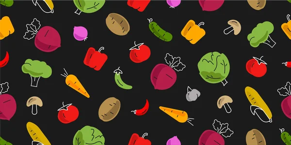 Nahtloses Muster mit Gemüse-Symbolen einfache helle und farbenfrohe Illustrationen, handgezeichnete Wirkung, dunkler Hintergrund — Stockvektor